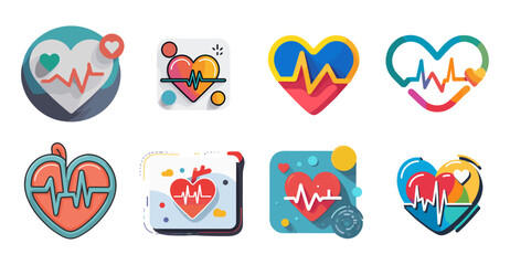 Poster - Sets icon collection of Colorful heart icons with electrocardiogram lines on them, showcasing diverse designs and vibrant colors against a plain background, representing health and medical theme