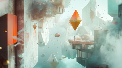 Poster - Surreal Floating Geometric Shapes in a Dreamlike Landscape