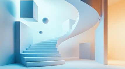Poster - Modern Abstract Spiral Staircase in Soft Blue and Orange Tones