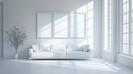 Wall Mural - A white living room with a sofa and a window. Minimalist interior design of a modern hom