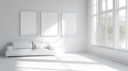 Wall Mural - A white living room with a sofa and a window. Minimalist interior design of a modern hom