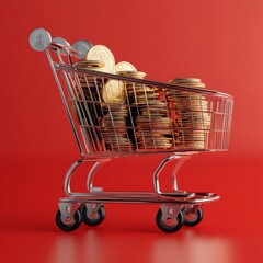 Poster - Shopping Cart Overflowing with Gold Coins: Financial Wealth and Prosperity Concept on Red Background