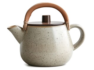 Ceramic teapot, tan speckled glaze, wooden handle, white background, tea time