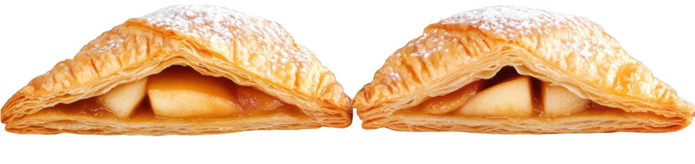 Wall Mural - set of apple turnovers with flaky pastry sugar dust single partial bite showing filling isolated on transparent background