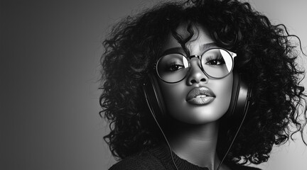 Wall Mural - a beautiful black woman with shoulder length curly hair, glasses, wireless headphones, with black and white background, grainy film effect and high contrast