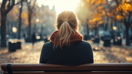 Poster - Woman autumn park bench sunset city solitude