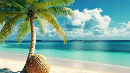 Wall Mural - Coconut tree stands on sandy white beach under bright summer sky by the ocean, coconut tree on beach with sandy white on summer concept video landscape in background