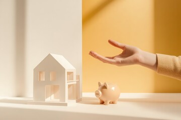 Wall Mural - a minimalist setup featuring hands with a house model and a piggy bank, representing real estate inv