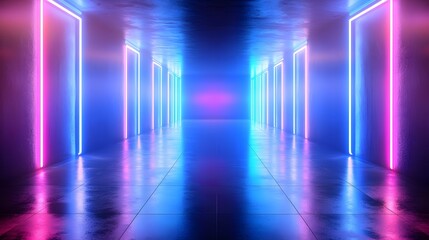 Poster - Dramatic and Atmospheric Neon Light Corridor with Glowing Portal Illuminated in Deep Blue and Cyan Hues Accentuated by Bright Laser like Streaks of Light and Reflective Symmetrical Surfaces