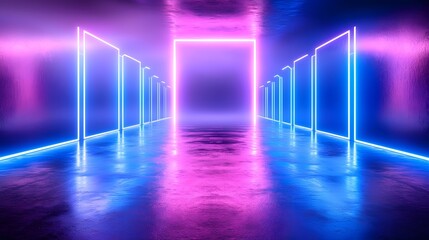 Poster - A sci fi inspired illuminated gateway set within a high tech neon environment with glowing geometric lines converging toward a central radiant portal