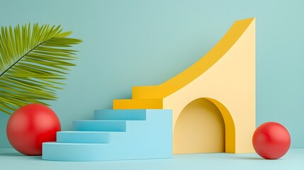 Poster - Vibrant Geometric Staircases in Soft Pastel and Bold Primary Colors with Contrasting Red Spheres   A modern and stylish minimalist design featuring an abstract 3D architectural composition with