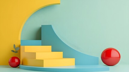 Poster - A modern and stylish minimalist design featuring vibrant geometric staircases in soft pastel and bold primary colors with red spheres adding contrast and intrigue to the abstract architectural