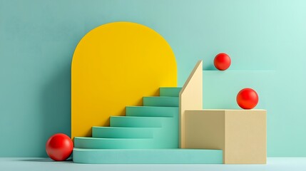 Poster - A modern and stylish minimalist design featuring vibrant geometric staircases in soft pastel and bold primary colors with red spheres adding contrast and intrigue