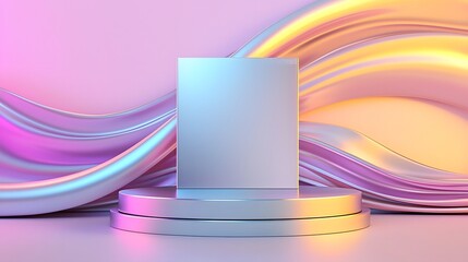 Poster - Surreal abstract setting with a polished metallic pedestal glowing under fluid gradient lighting surrounded by a soft flowing pastel environment exuding sophistication and futuristic aesthetics
