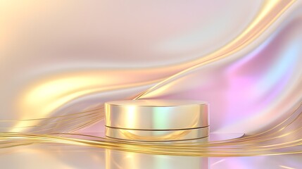 Poster - Opulent and dreamy iridescent pearl showcase featuring a premium cosmetic product placed on a sleek pedestal surrounded by glowing golden geometric lines on a polished reflective surface