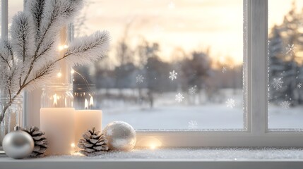 Poster - A beautifully styled holiday window scene featuring twinkling fairy lights rustic candles and elegant Christmas ornaments reflecting on frosted glass