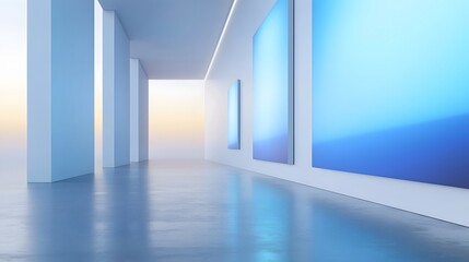 Poster - Sophisticated and Minimalist Art Gallery Exhibiting Powerful Abstract Artworks Centered on Themes of Human Rights Illuminated by Soft Ambient Lighting