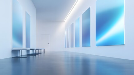 Aufkleber - Captivating art gallery showcasing justice themed abstract paintings in a serene modern setting that fosters introspection and contemplation on social The clean minimalist architecture and bright