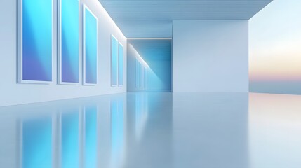 Aufkleber - A tranquil and modern art gallery featuring abstract justice themed paintings displayed on sleek white walls inviting deep reflection on social issues in a serene and contemplative space