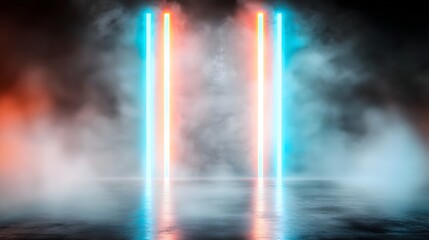 Fototapete - A surreal and abstract scene featuring intense red and blue elongated light beams piercing through a misty atmospheric backdrop evoking a futuristic and mysterious ambiance