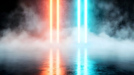 Aufkleber - Surreal futuristic abstract scene with intense red and blue elongated light beams piercing through a misty atmospheric backdrop evoking a mysterious and captivating ambiance