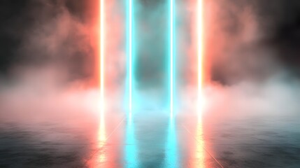 Poster - Futuristic lightscape filled with long glowing red and blue beams fading into a dense fog creating a sense of depth mystery and digital surrealism
