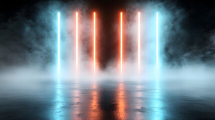 Poster - An electrifying sci fi inspired composition where elongated red and blue neon light trails extend through a hazy abstract space generating a captivating cyberpunk like aesthetic with a futuristic