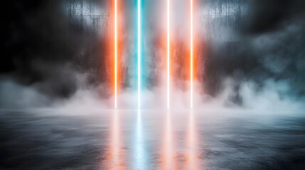 Aufkleber - Mesmerizing futuristic display of vibrant red and blue beams cutting through a cloud of mist forming an energetic and immersive light based abstract scene with a captivating otherworldly atmosphere