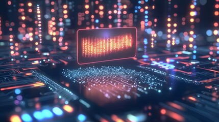Poster - A futuristic and abstract visual composition featuring a glowing credit card suspended in midair over a dynamic high tech motherboard background illuminated by vibrant red and blue neon lights