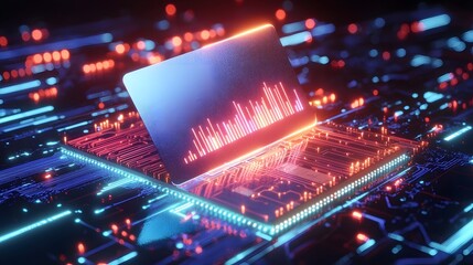 Aufkleber - Cyberpunk Inspired Digital Finance Scene with Levitating Credit Card Radiating Intense Red and Blue Neon Glows Against an Intricate Motherboard Backdrop Filled with Circuits and Data Streams