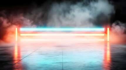 Fototapete - Mesmerizing abstract scene of vibrant red and blue light beams cutting through a cloud of mist creating an energetic and immersive digital display of futuristic technology and luminous energy