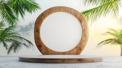 Leinwandbilder - Minimalistic and elegant product display scene featuring a smooth wooden platform with an abstract sculpture in the background
