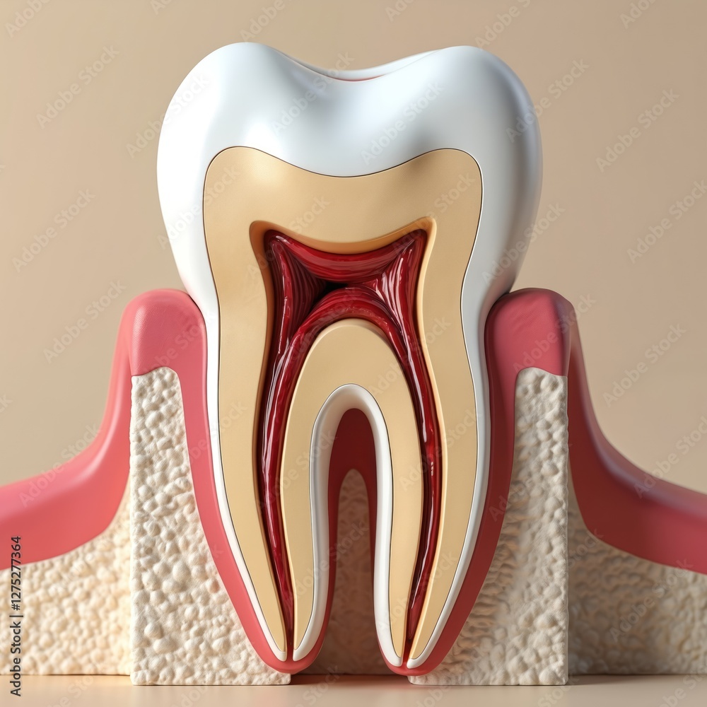 Dental anatomy of tooth with roots. Diagram of enamel, dentin, pulp ...