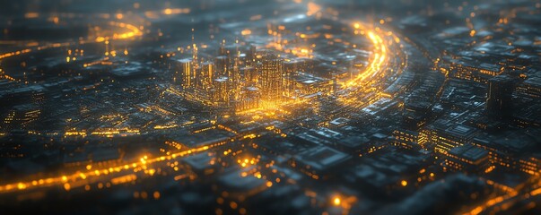 Poster - A dynamic city grid with interconnected technology, where sensors collect data and transmit it through glowing lines to optimize urban life in realtime