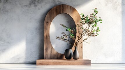 Aufkleber - Refined and Sophisticated Product Display Arrangement Highlighting a Beautifully Crafted Abstract Wooden Sculpture in the Background Enhancing the Balance of Nature and Modern Design