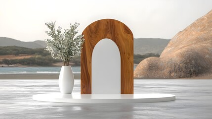 Poster - A refined and sophisticated product display arrangement featuring a beautifully crafted abstract wooden sculpture as the focal point