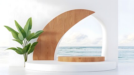 Leinwandbilder - Serene and elegant product stage featuring an abstract wooden sculpture as a backdrop seamlessly integrating natural textures with clean