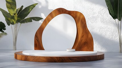Poster - A contemporary and product presentation scene featuring a uniquely designed wooden sculpture in the background adding depth and warmth to the minimal aesthetic  The clean simple