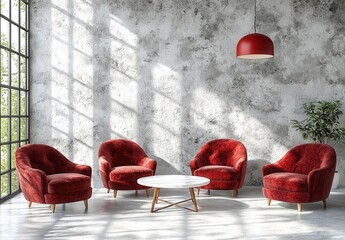 Poster - A modern living room featuring stylish red chairs, a round table, and large windows that allow natural light to create a cozy atmosphere. Copy space