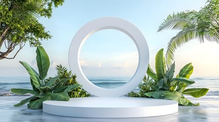 Poster - A tranquil and product display scene featuring a minimalistic white podium with a circular opening beautifully set within a peaceful arrangement of lush green plants and soft calming lighting