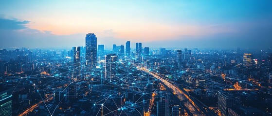 Poster - A sprawling smart city powered by interconnected technology, with sensors and data lines seamlessly integrated into the urban infrastructure