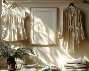 Poster - A serene and stylish home interior featuring elegant clothing, a blank frame, and a lush fern, creating a cozy atmosphere with soft lighting. Copy space