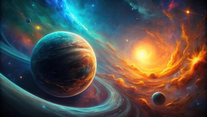 Wall Mural - a celestial body orbits a vibrant nebula, swirling cosmic dust and fiery stellar energy creating a b