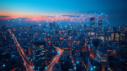 Poster - A vibrant urban scene with sensors embedded in every corner, sending data through glowing lines, creating a smart city ecosystem for enhanced living