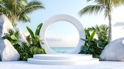 Aufkleber - Sleek and nature inspired showcase design featuring a pure white podium and circular window surrounded by dense green botanical elements that radiate elegance and simplicity