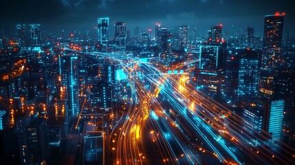 Poster - A vibrant urban scene with sensors embedded in every corner, sending data through glowing lines, creating a smart city ecosystem for enhanced living