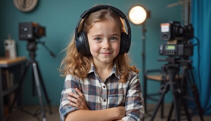 Young smiling girl wearing headphones on film set. Cute kid actress, audio engineer during shooting movie scene. Children entertainment, film industry concept. Plaid shirt, arms crossed.