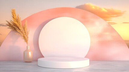 Aufkleber - Elegant and contemporary abstract setting featuring a gracefully curved geometric arch and a minimalist round podium in a soothing pastel pink and white color scheme