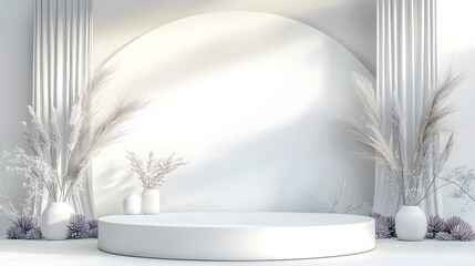 Poster - Sleek and Minimalist Modern Luxury White Interior with Round Podium Curtain Backdrop and Potted Plants for Showcasing Products in a Warm Textural Lighting Environment