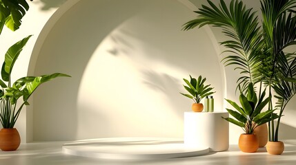 Poster - Beautifully arranged minimalist product showcase setting with a pristine white circular podium softly lit potted plants